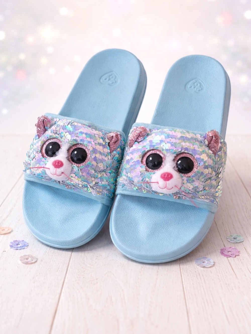 Ty Beanie Boo Kiki Sequin Cat Slides Kids Size 4 6 Sparkly Cute